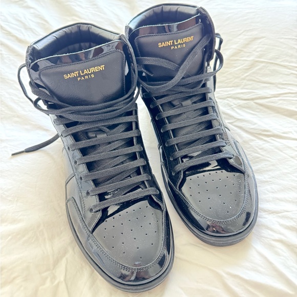 Saint Laurent men’s black mid top patent leather sneakers - Size US 8.5 LIKE NEW - Picture 1 of 6